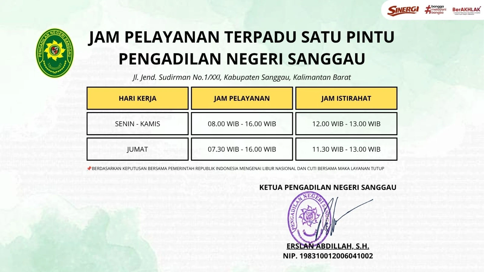 Jadwal Layanan Pengadilan Negeri Sanggau