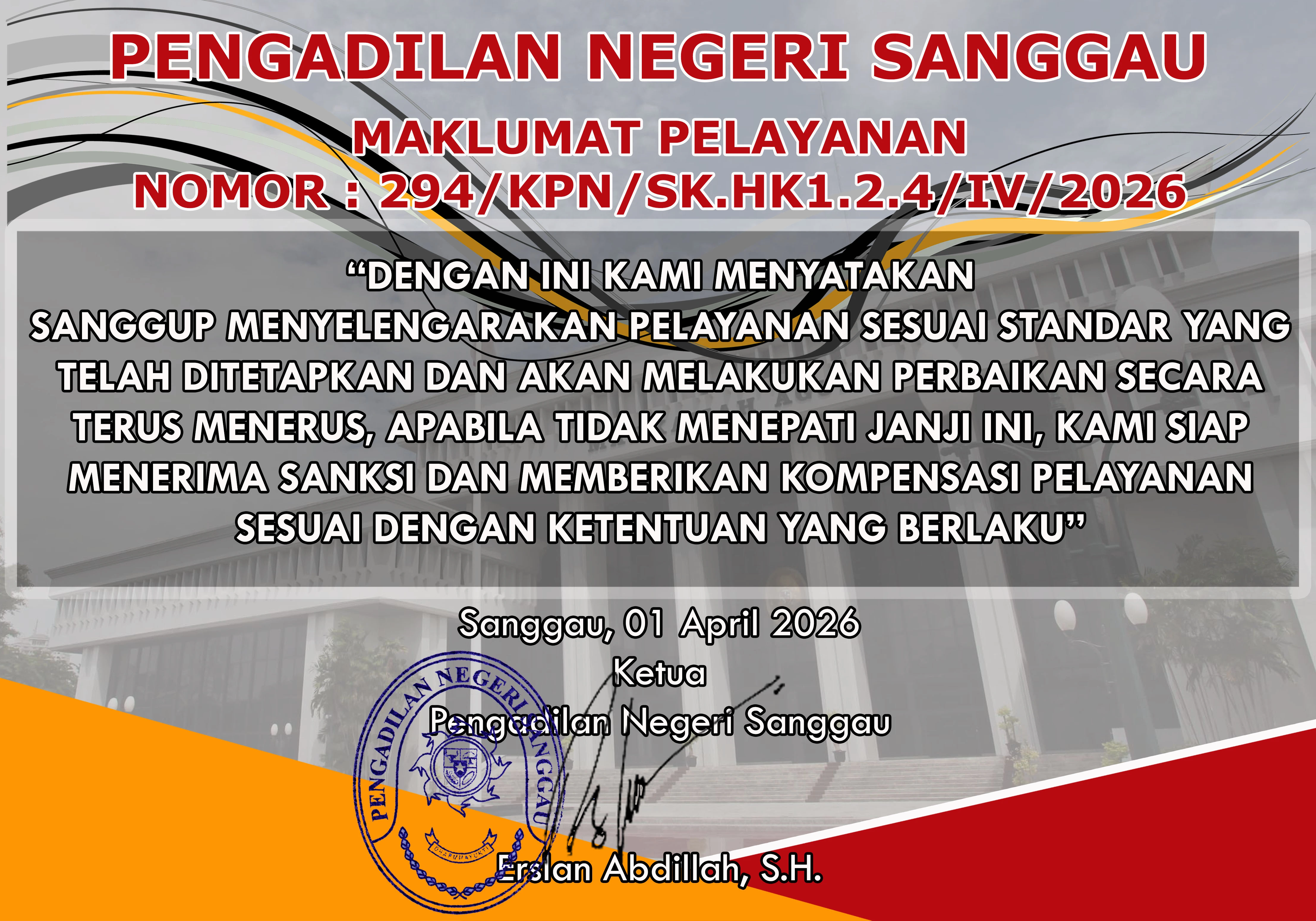 Maklumat Pelayanan Publik Pengadilan Negeri Sanggau 2026